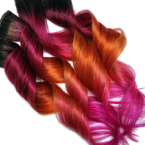 16 inch Remy Human Hair Extensions Red Pink Ombre Rainbow Dark Brown Root - Picture 1 of 3